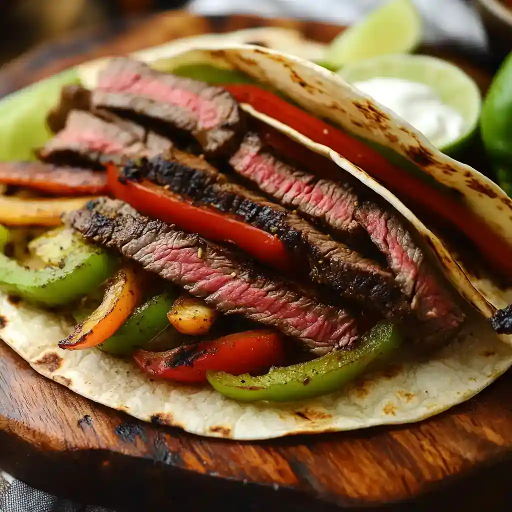 Juicy grilled steak tacos with colorful peppers and fresh lime slices on a wooden serving board, perfect for Mexican-inspired recipes and flavorful street-style tacos.