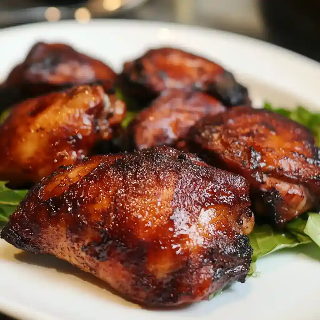 Succulent barbecued chicken thighs with crispy skin on a white plate, garnished with fresh greens, perfect for outdoor grilling and summer recipes.