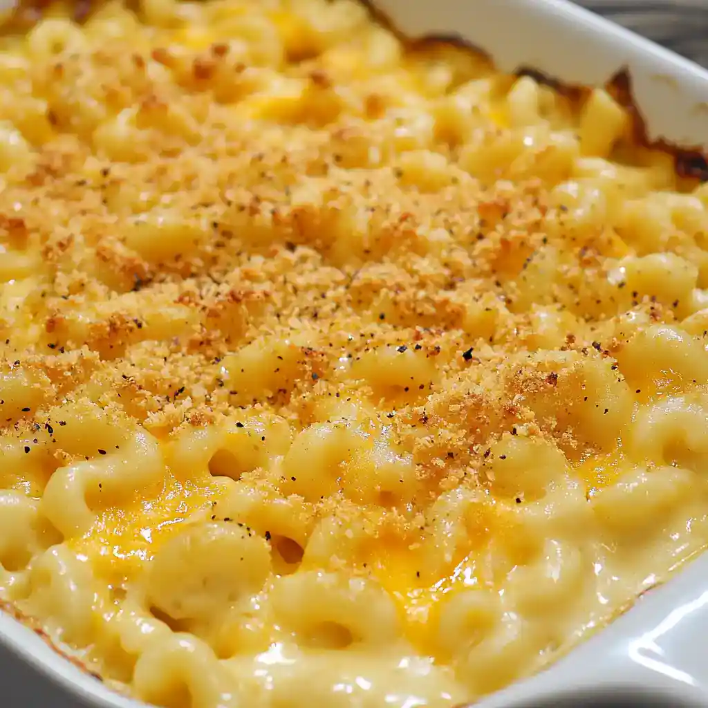 Creamy baked macaroni and cheese with a golden breadcrumb topping, perfect comfort food recipe ready to enjoy.