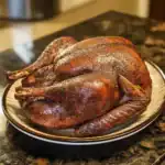 Roast whole turkey with crispy skin and seasoned spices on a decorative plate for holiday meal preparation.