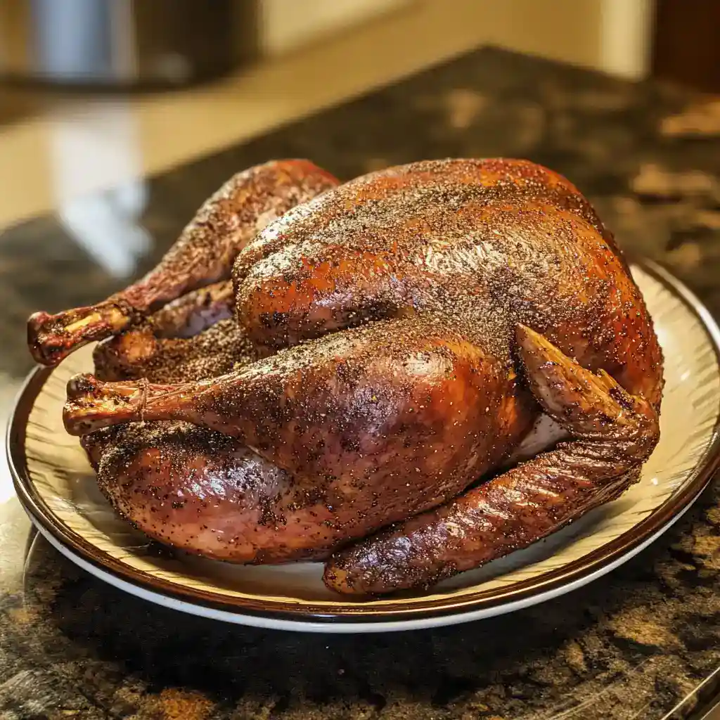 Roast whole turkey with crispy skin and seasoned spices on a decorative plate for holiday meal preparation.
