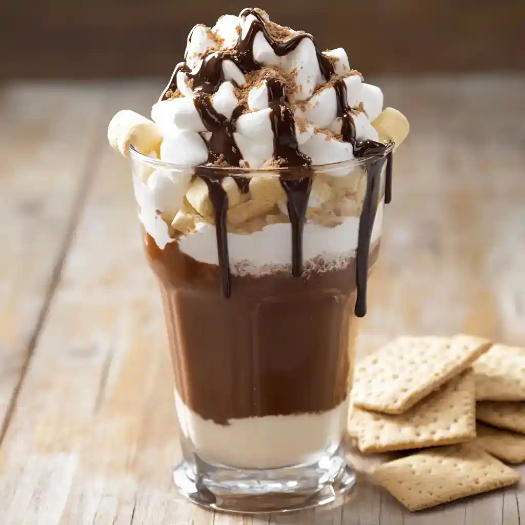 Creamy chocolate s'mores milkshake with whipped cream, chocolate syrup, and graham cracker crumbs served in a tall glass. Perfect dessert for chocoholics and s'mores lovers.