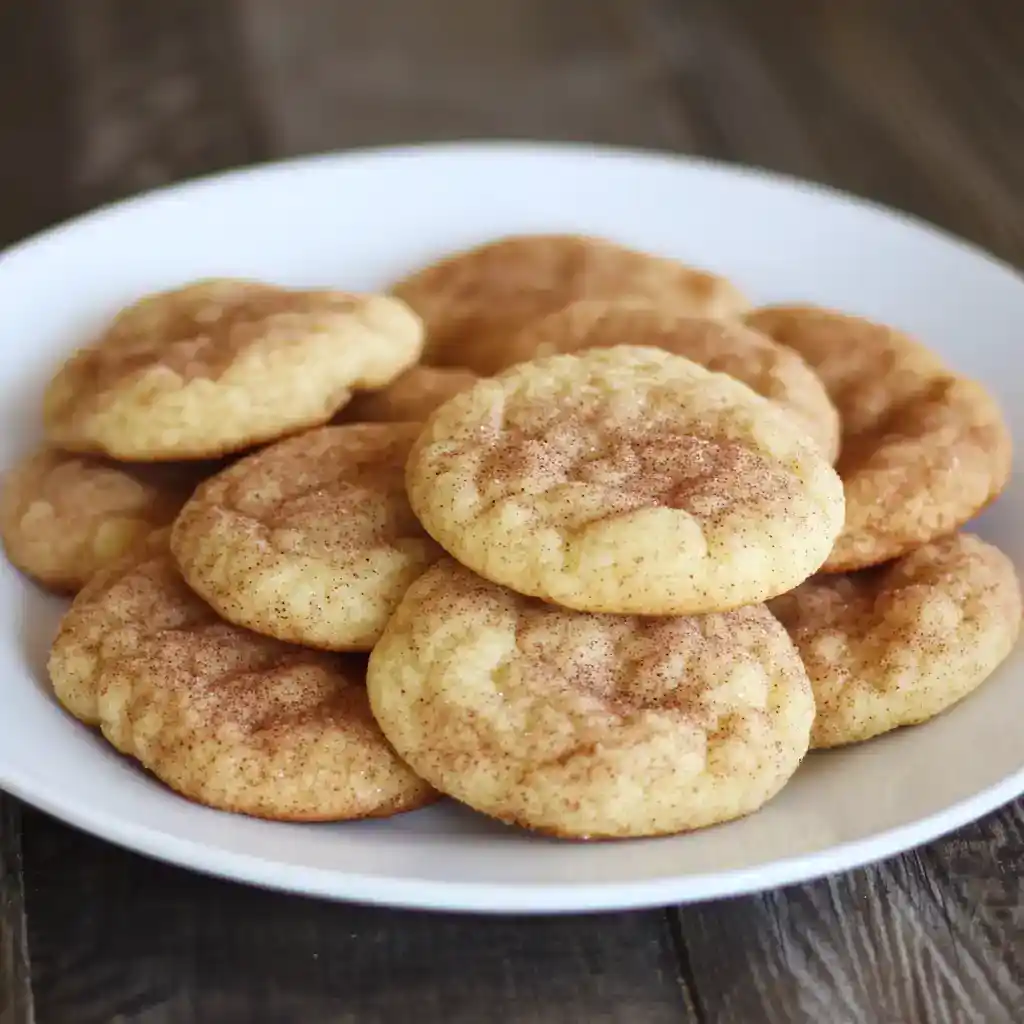Soft homemade cinnamon snickerdoodle cookies on a white plate, dusted with cinnamon sugar, perfect for dessert or snack.