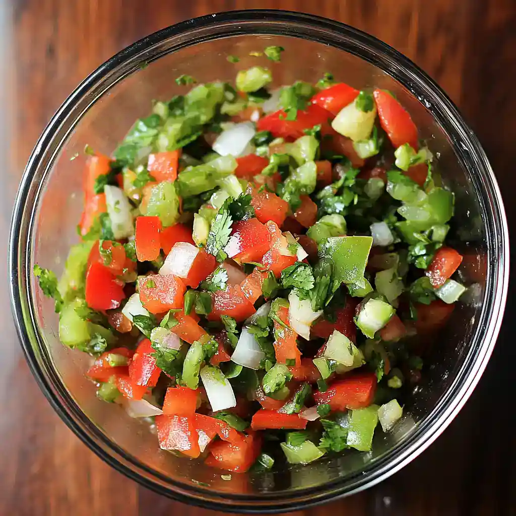Freshly diced tomatoes, onions, celery, and cilantro in a glass bowl, perfect for homemade salsa or salads. Vegan, healthy, quick, easy to prepare, fresh ingredients, vegetarian, low-calorie, and delicious.