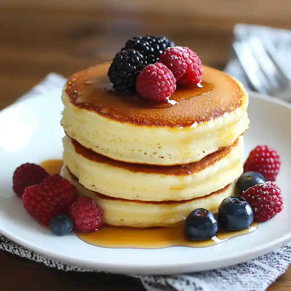 Fluffy stack of homemade pancakes topped with fresh mixed berries drizzled in syrup, served on a white plate for a delicious breakfast treat.