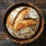 Crusty homemade sourdough bread in a wooden bowl, rustic bread loaf with golden crust, artisanal baking, perfect for bread lovers and homemade bread recipes.