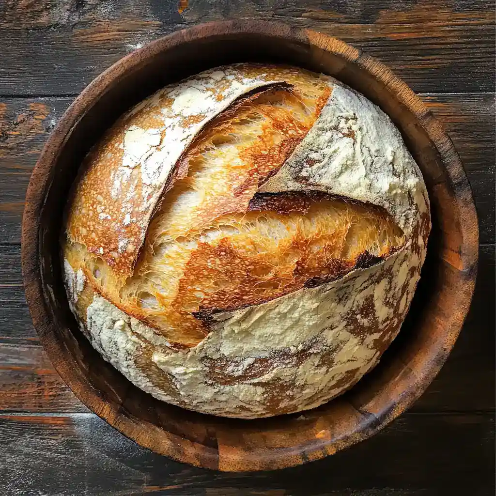 Crusty homemade sourdough bread in a wooden bowl, rustic bread loaf with golden crust, artisanal baking, perfect for bread lovers and homemade bread recipes.