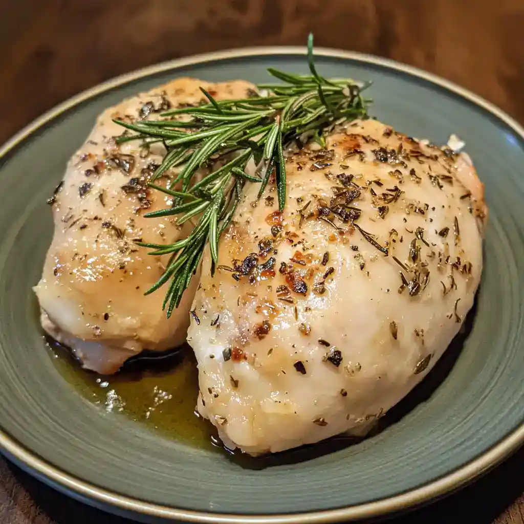 Succulent baked chicken thighs seasoned with herbs and spices, garnished with fresh rosemary, served on a stylish green plate for a delicious and easy-to-make Station Recipes meal.