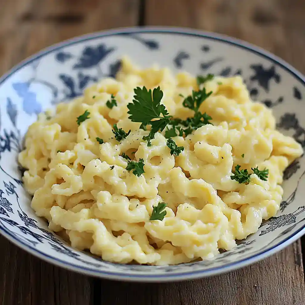 Creamy scrambled eggs garnished with fresh parsley served in a decorative bowl for breakfast.
