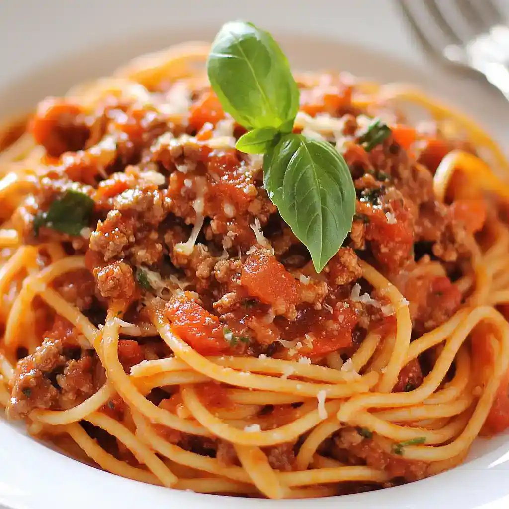 Ground beef spaghetti with tomato sauce and fresh basil on top, served on a white plate, showcasing a classic comfort food dish.