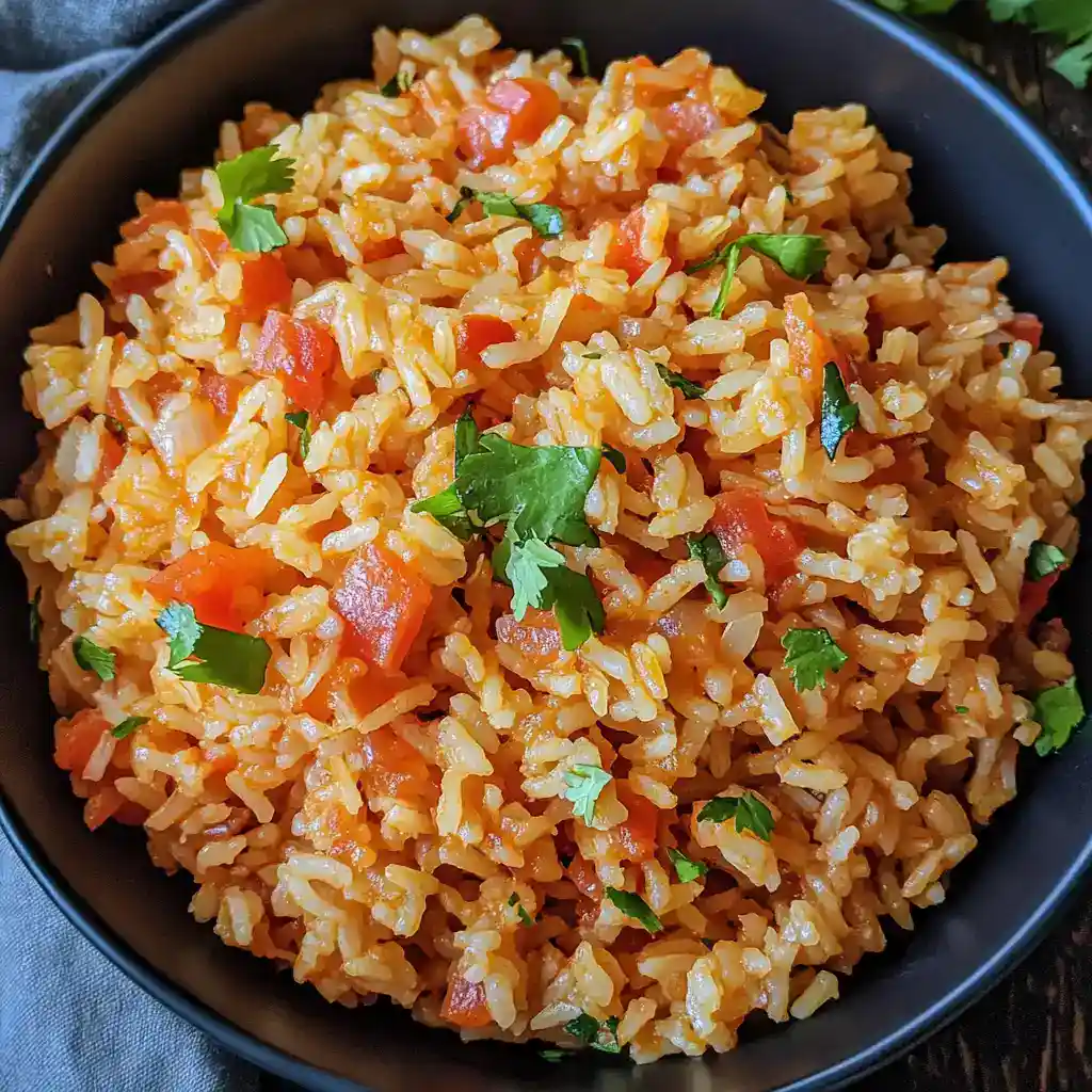 1. Delicious homemade tomato and rice comfort food served in a black bowl garnished with fresh cilantro.