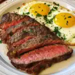 Juicy medium-rare steak with crispy seasoned crust served with sunny side up eggs garnished with chopped herbs, perfect for a classic breakfast or brunch.