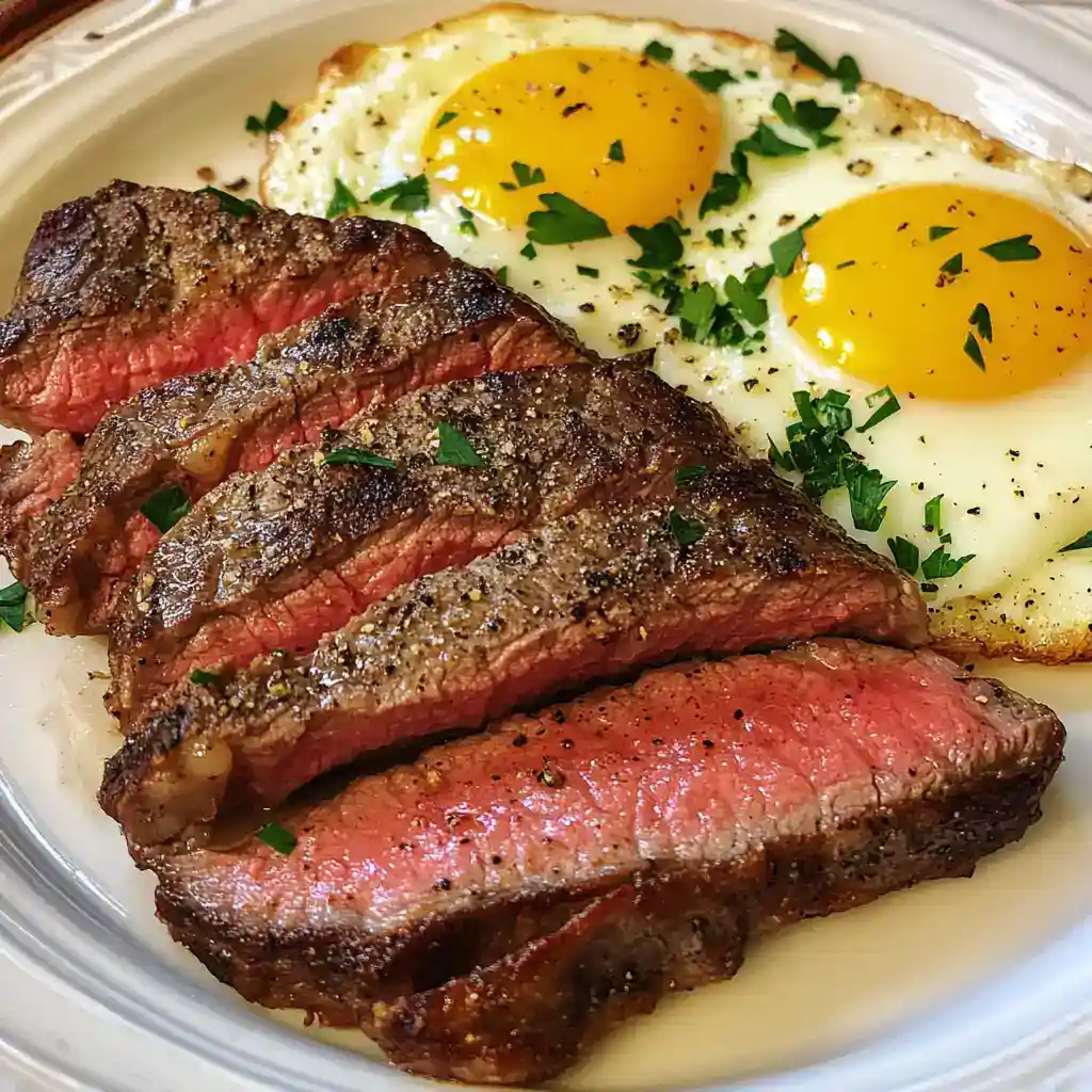 Juicy medium-rare steak with crispy seasoned crust served with sunny side up eggs garnished with chopped herbs, perfect for a classic breakfast or brunch.