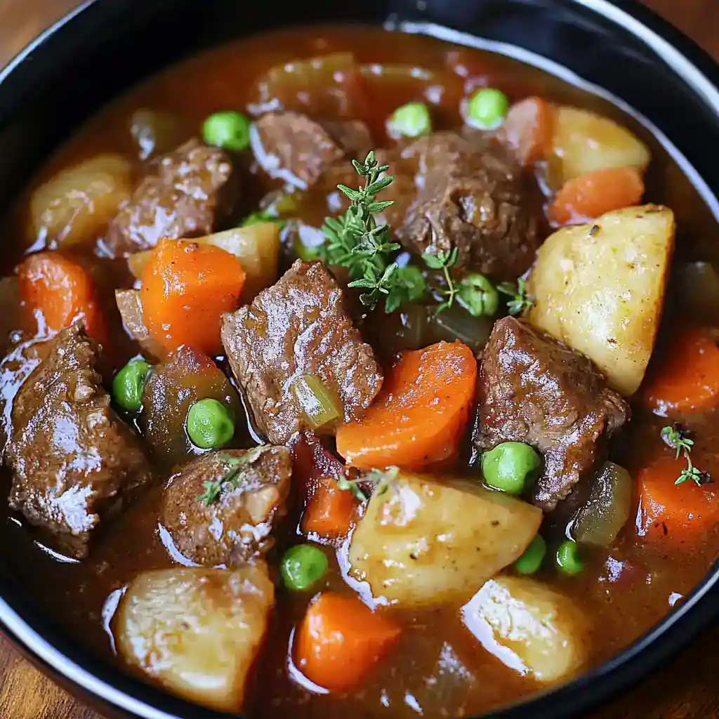 Hearty beef stew with tender potatoes, carrots, peas, and savory herbs in rich broth, perfect for comforting family dinners and meal prep.