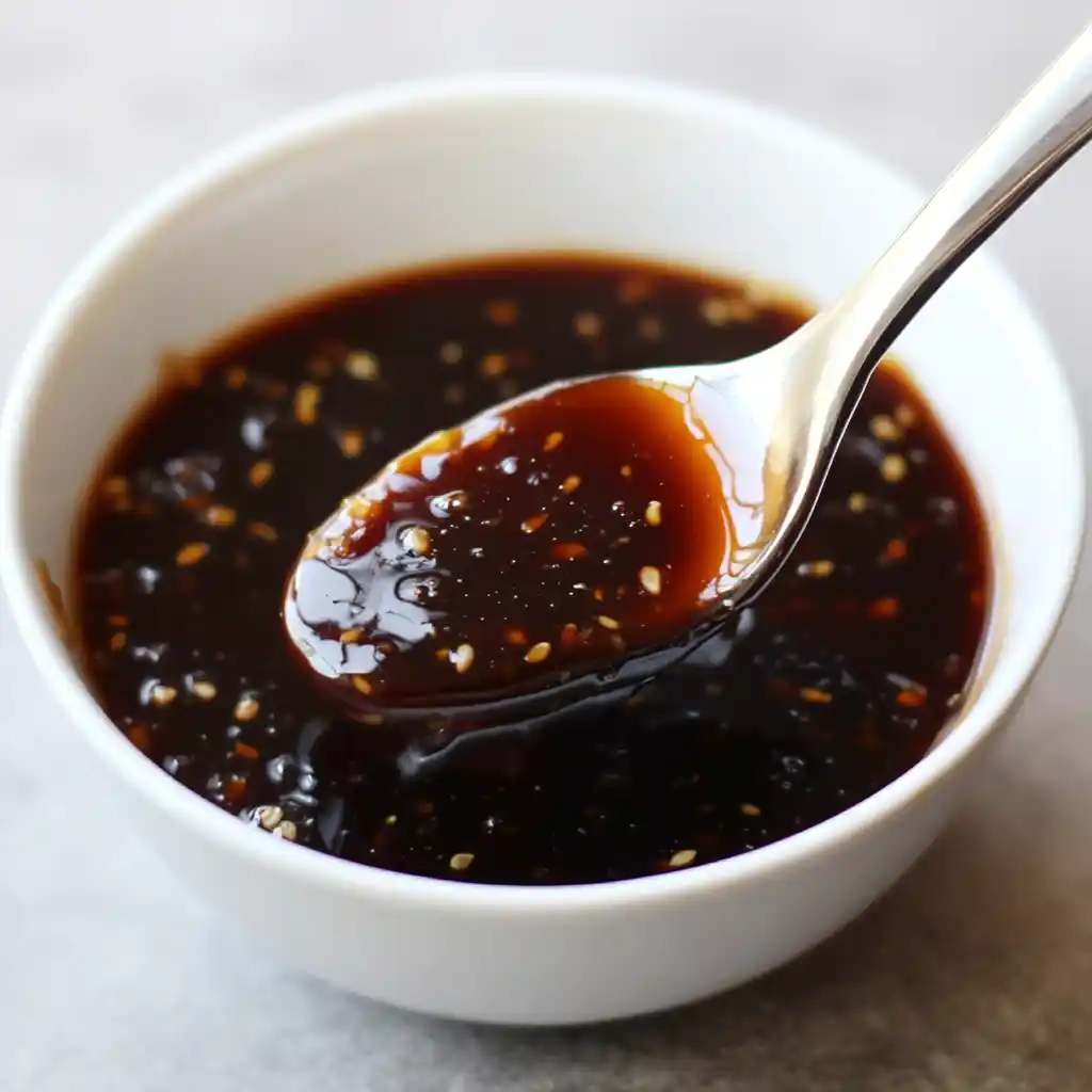 Sweet soy sauce with garlic and sesame seeds close-up in a white bowl for Asian cuisine recipes and dipping sauces.