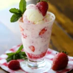 Fresh Strawberry Ice Cream Sundae with Mint Garnish in a Clear Glass - Perfect Summer Dessert.