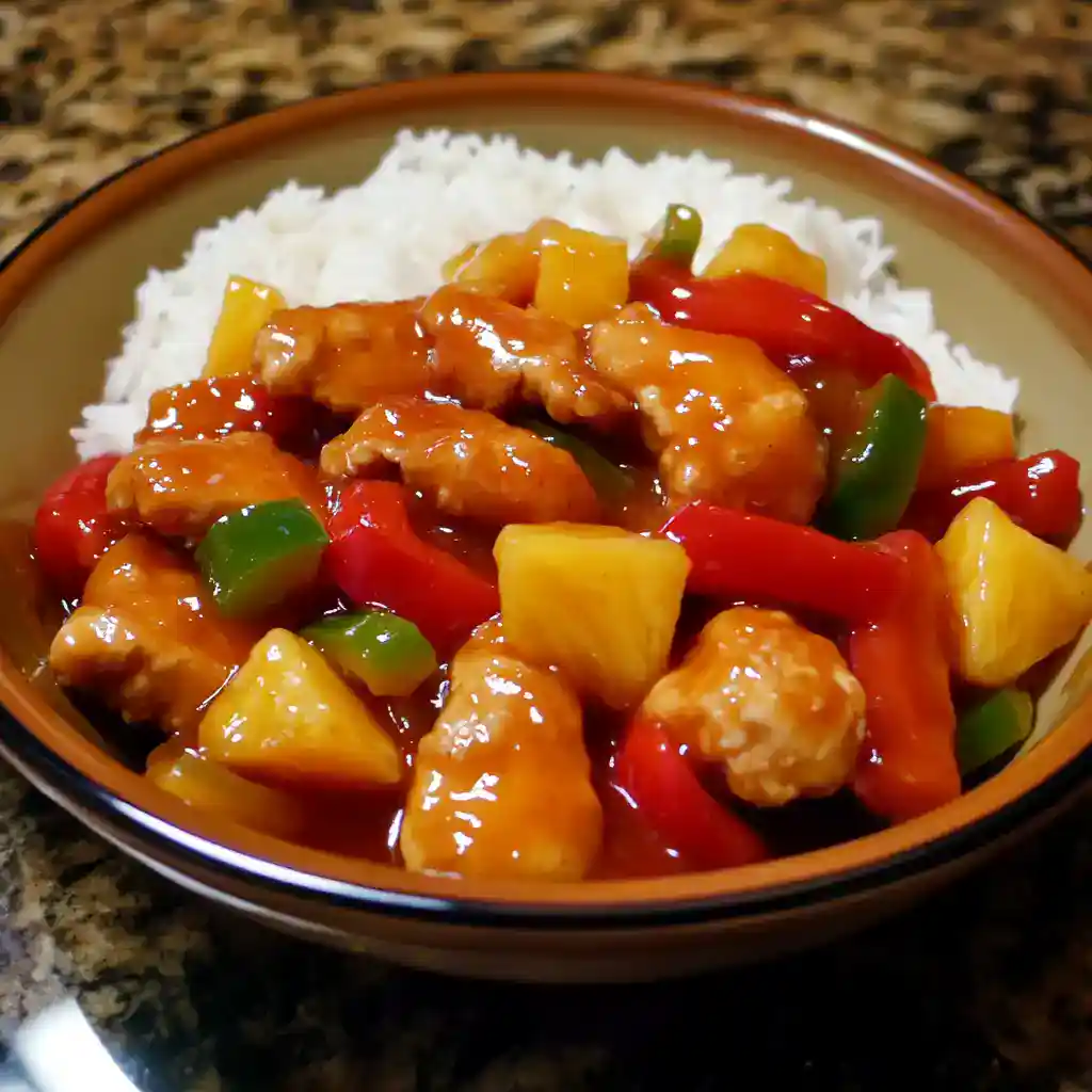 Sweet and Sour Chicken served over rice with colorful bell peppers and pineapple, a popular Asian-inspired dish full of bold flavors and vibrant ingredients.