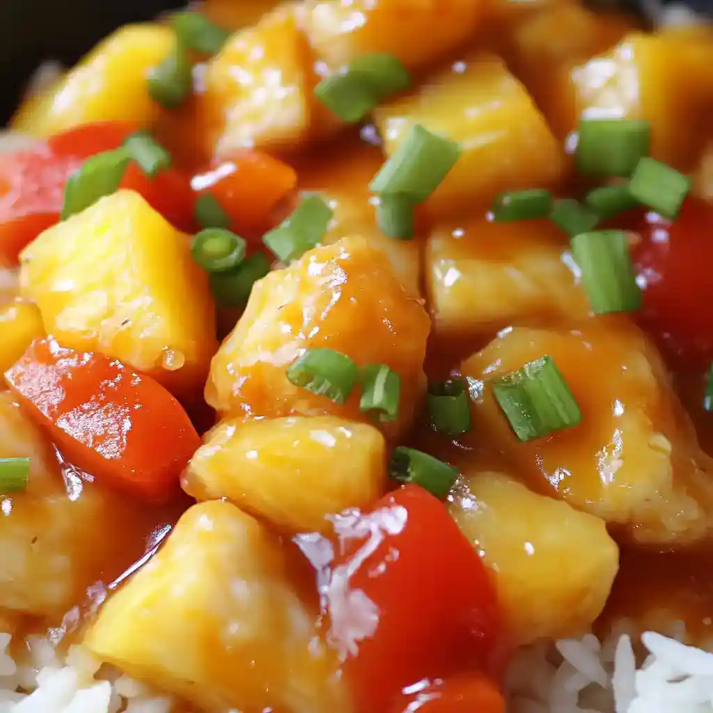 Sweet and tangy pineapple chicken stir-fry with colorful vegetables, served over white rice, featuring a glossy sauce and garnished with chopped green onions. Perfect for quick, flavorful Asian-inspired meals.