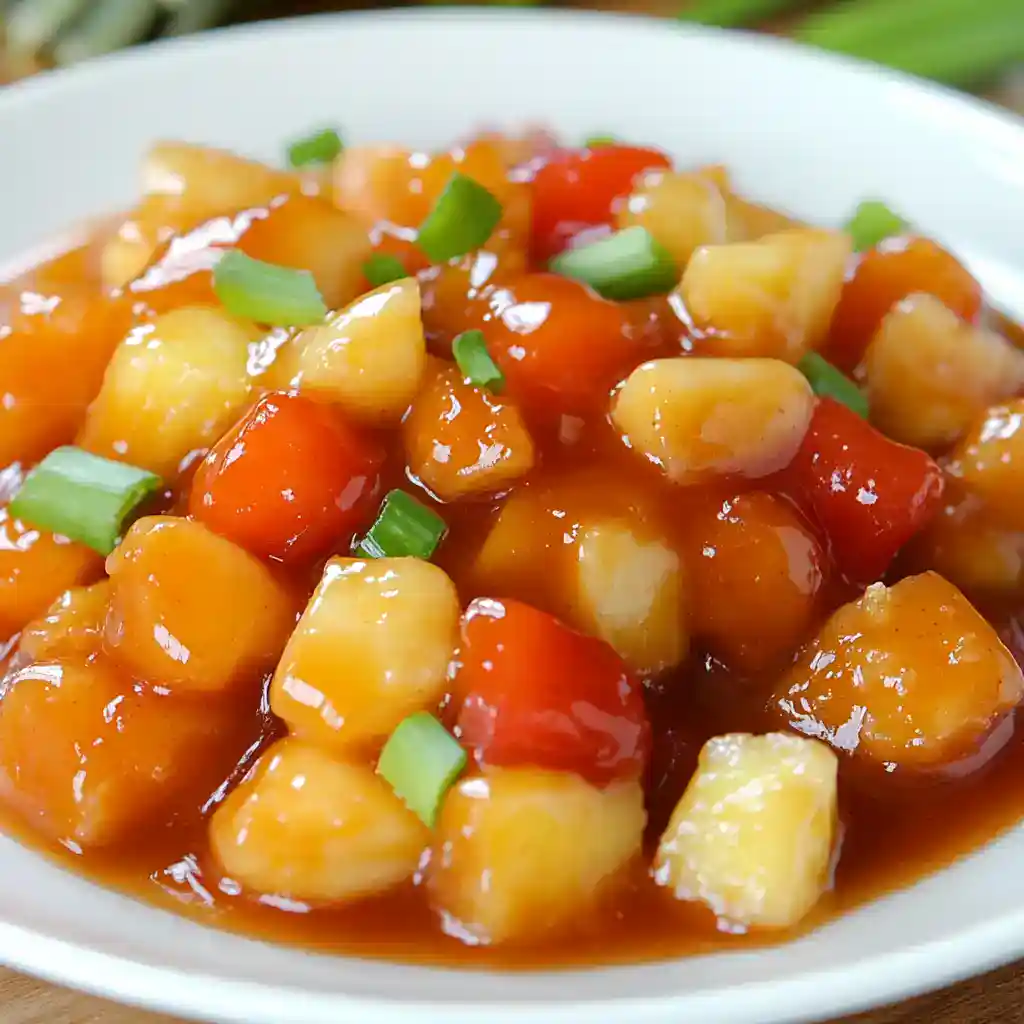 Sweet and spicy pineapple chicken dish with fresh green onions, served in a white bowl, showcasing vibrant colors and flavorful sauce perfect for quick Asian-inspired recipes.