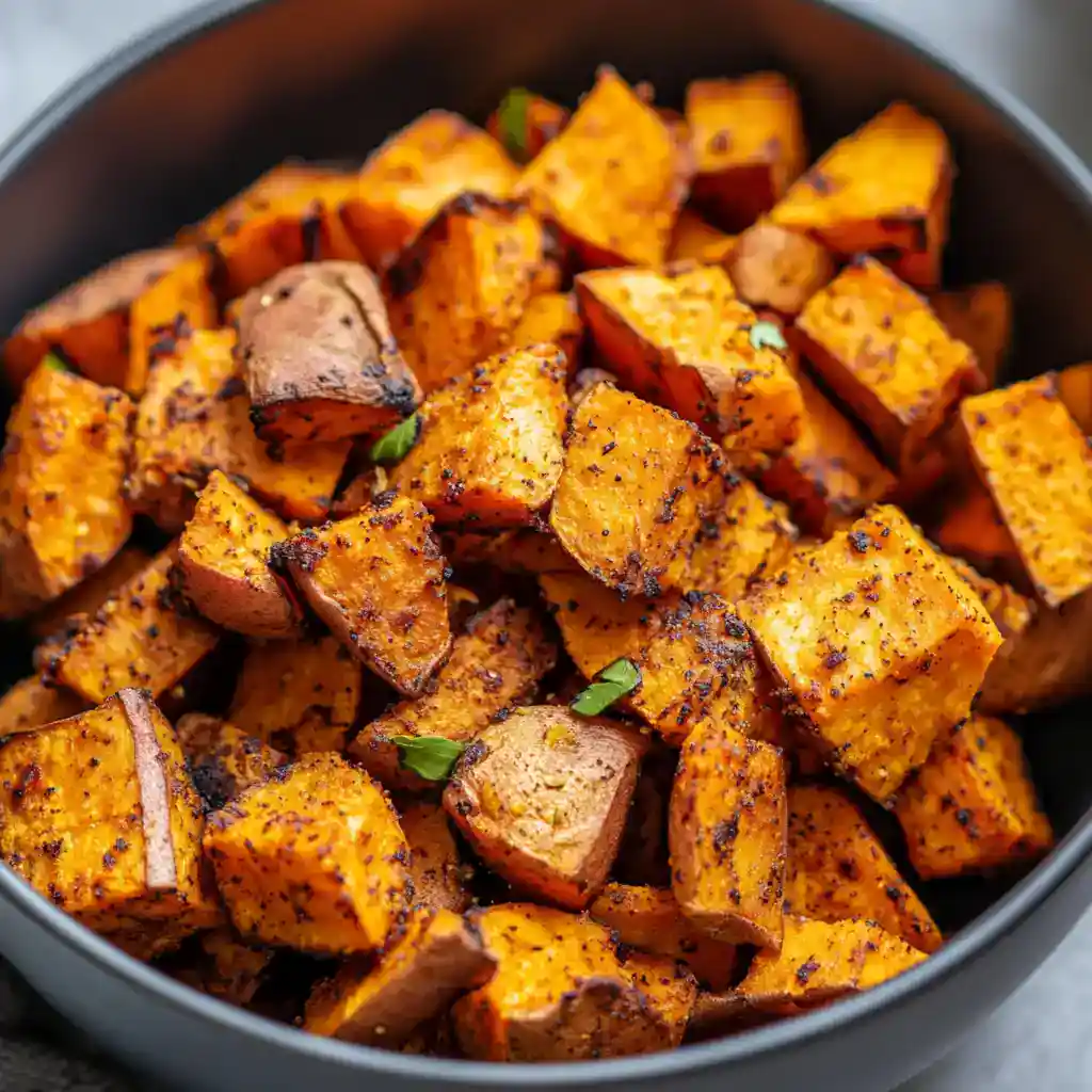 Roasted sweet potatoes with spices and herbs in a skillet.