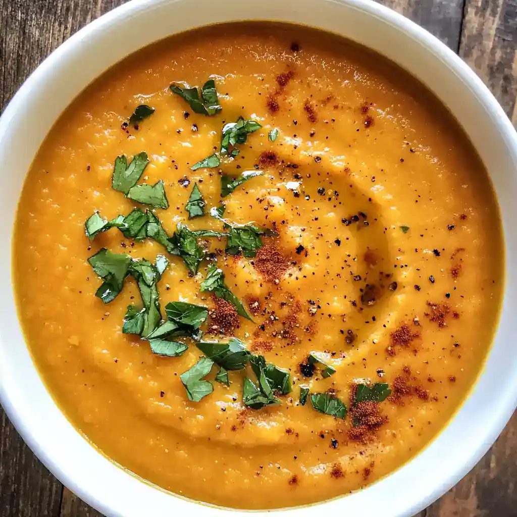 Creamy butternut squash soup garnished with fresh herbs and spices, perfect for cozy fall recipes and healthy meal ideas. Ideal for homemade soup lovers.