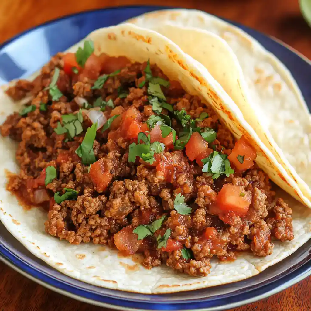 Ground beef taco filling in a soft taco shell with fresh cilantro and diced tomatoes, perfect for easy Mexican dinner recipes.