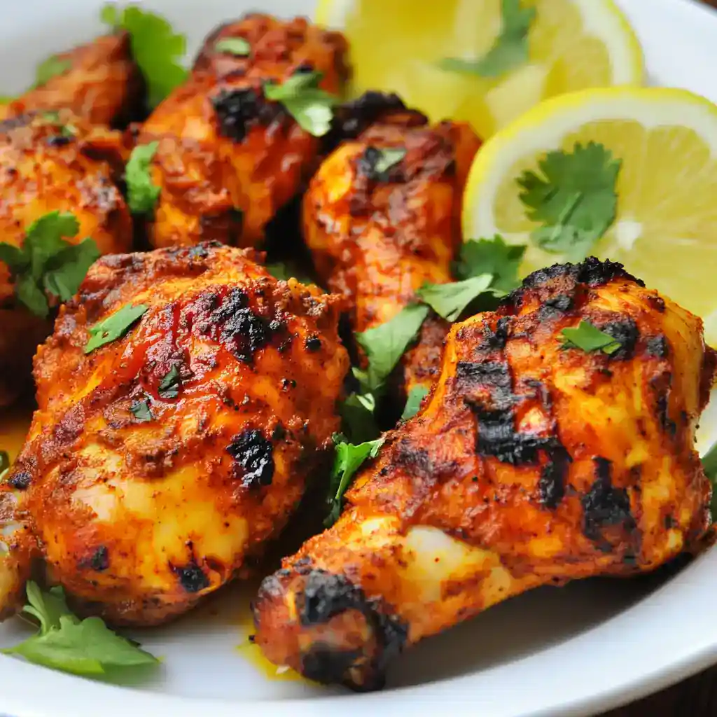 Juicy, flavorful grilled chicken drumsticks marinated with spices, served with fresh lemon slices and garnished with cilantro for a delicious, easy-to-make station recipes dish.