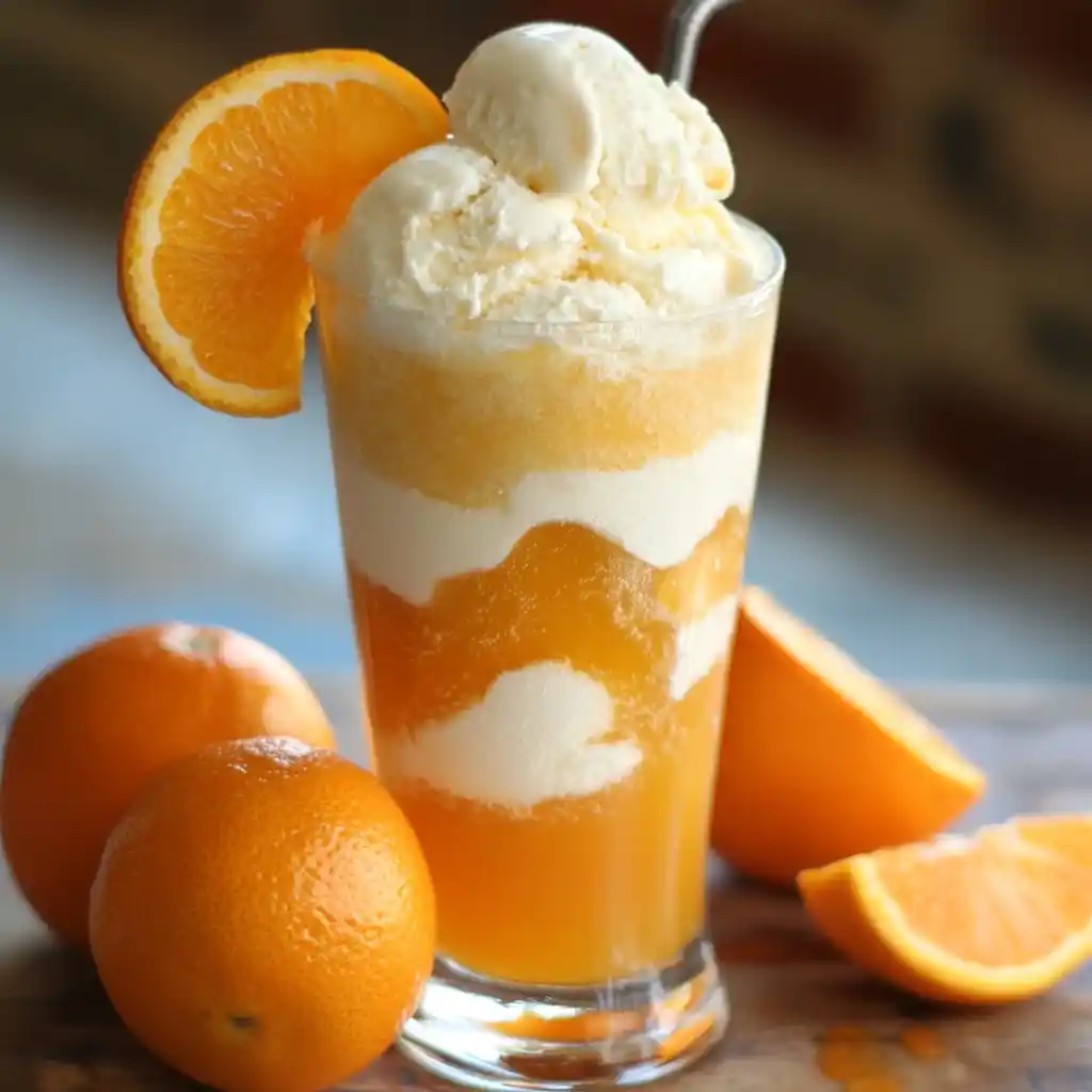 Refreshing orange creamsicle milkshake with vanilla ice cream, orange juice, and fresh oranges, perfect for summer treats and dessert recipes.
