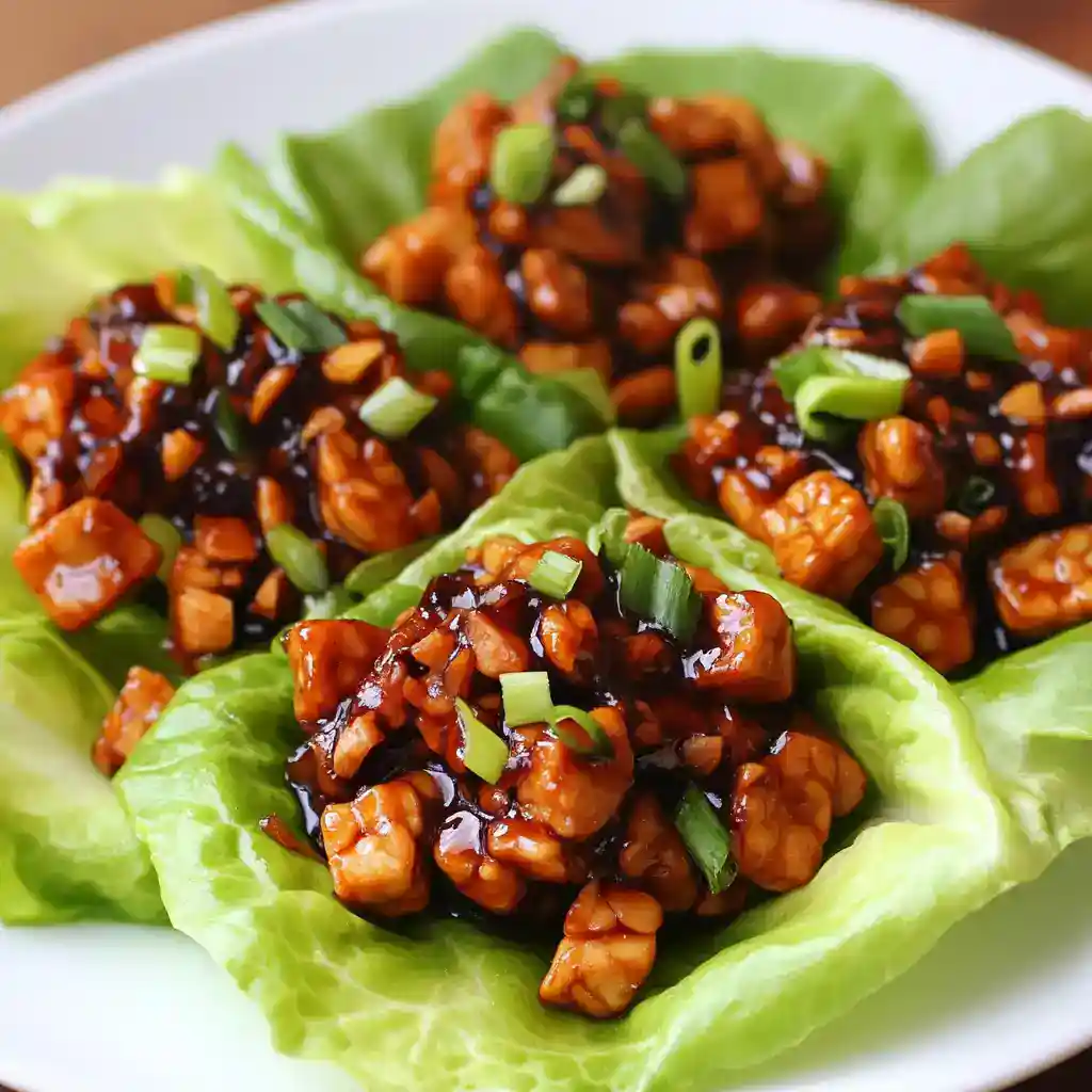 Sichuan chicken lettuce wraps, stir-fried chicken with vegetables, savory sauce, garnished with green onions, served on fresh lettuce leaves for healthy, flavorful Asian-inspired appetizer.