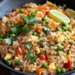 Flavorful vegetable fried rice with peas carrots and scrambled eggs in a black skillet, garnished with cilantro and lime wedges for fresh zest.