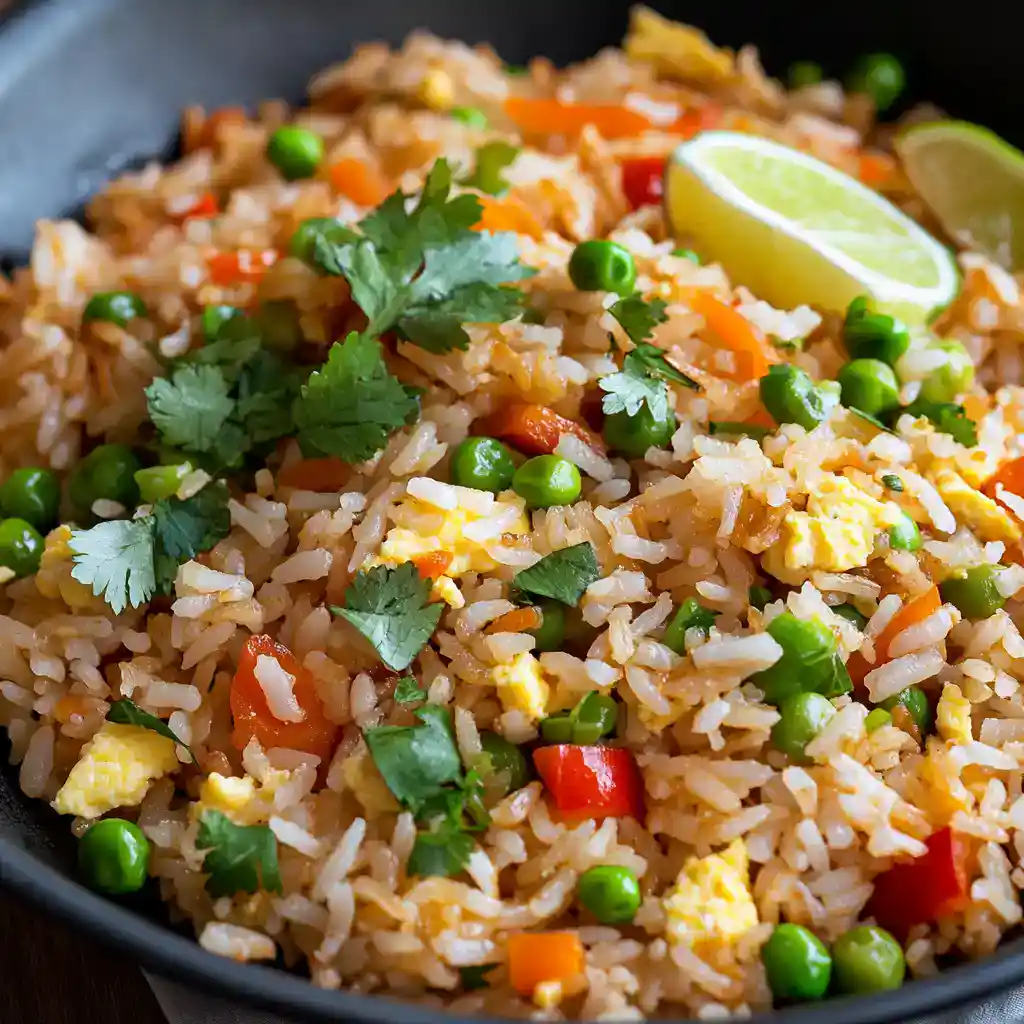 Flavorful vegetable fried rice with peas carrots and scrambled eggs in a black skillet, garnished with cilantro and lime wedges for fresh zest.
