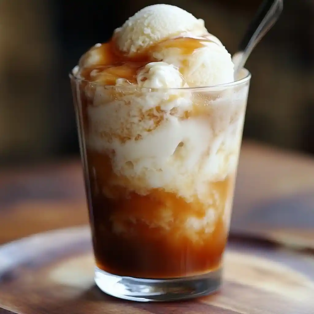 Creamy vanilla ice cream topped with caramel sauce in a tall glass, perfect for a delicious dessert or treat.