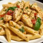 Creamy chicken penne pasta with cherry tomatoes and fresh basil, featuring a rich sauce, black pepper, and grated Parmesan cheese. Perfect for a comforting dinner or meal prep.