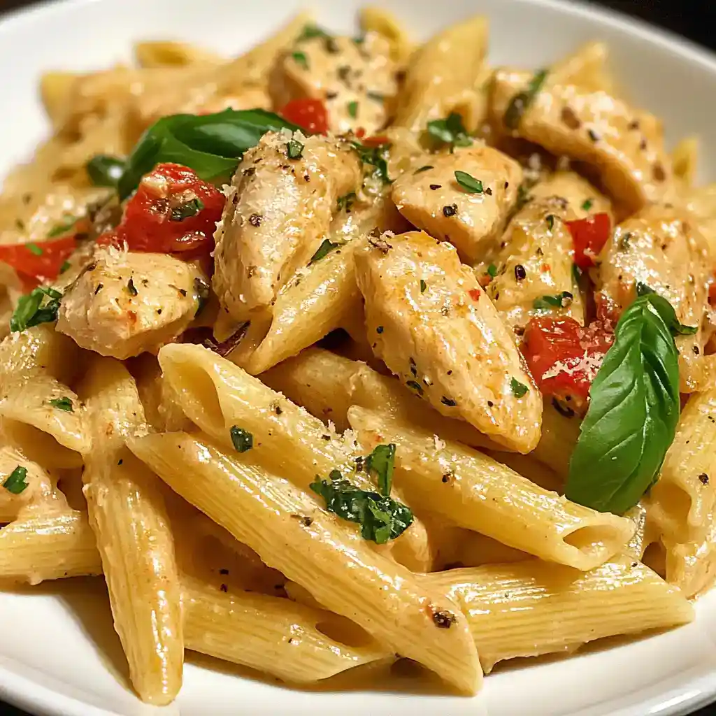 Creamy chicken penne pasta with cherry tomatoes and fresh basil, featuring a rich sauce, black pepper, and grated Parmesan cheese. Perfect for a comforting dinner or meal prep.