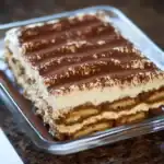 Layers of creamy tiramisu with cocoa powder dusted on top, served in a glass baking dish, showcasing its rich espresso and mascarpone cheese filling, perfect for Italian dessert lovers.