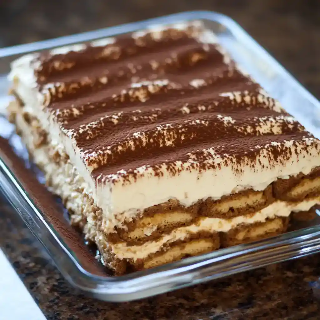 Layers of creamy tiramisu with cocoa powder dusted on top, served in a glass baking dish, showcasing its rich espresso and mascarpone cheese filling, perfect for Italian dessert lovers.