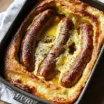 Juicy grilled sausages baked in cheesy mashed potato casserole, topped with crispy golden crust, served in a black baking dish, perfect comfort food from Station Recipes.