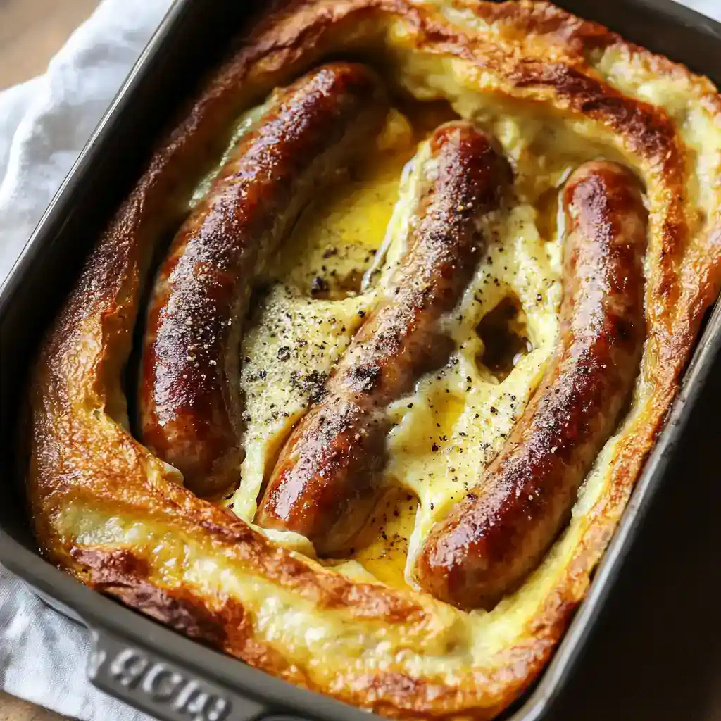 Juicy grilled sausages baked in cheesy mashed potato casserole, topped with crispy golden crust, served in a black baking dish, perfect comfort food from Station Recipes.