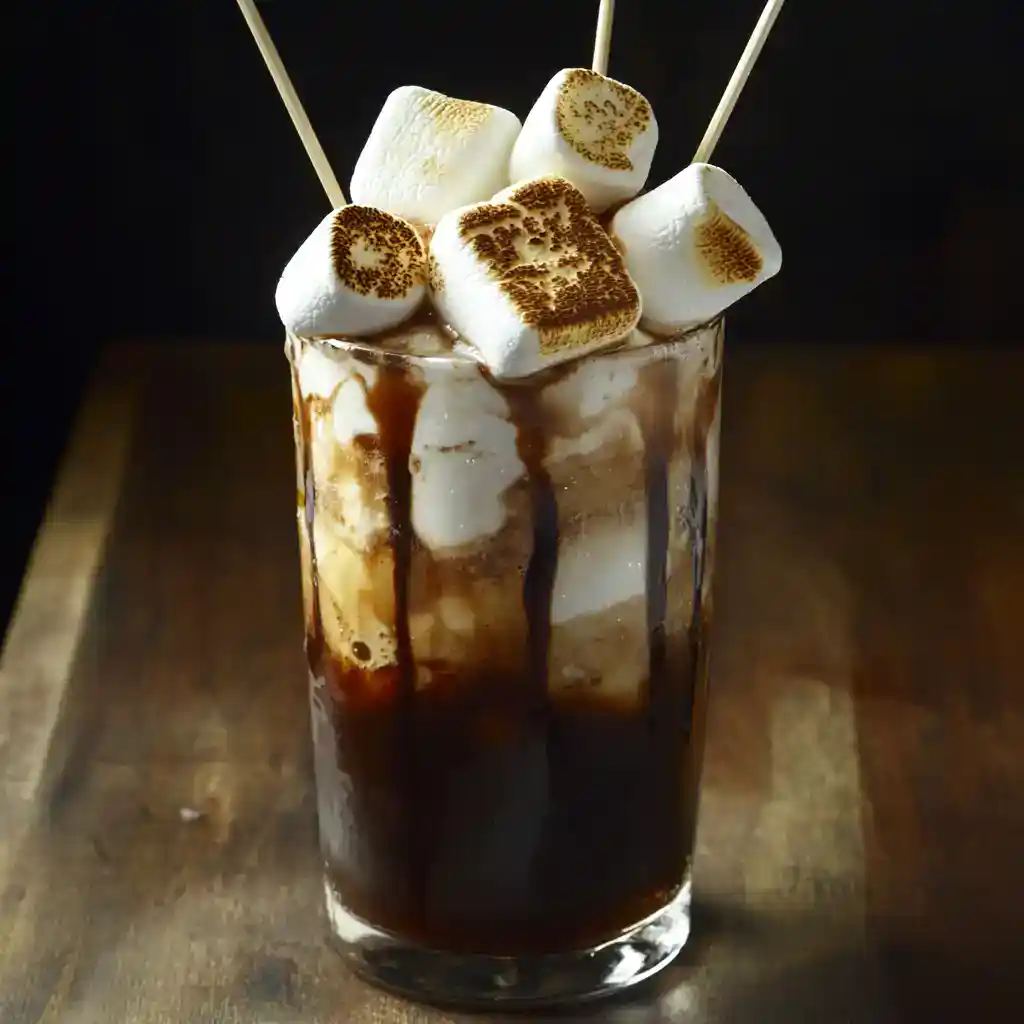 Marshmallow hot chocolate with chocolate syrup in a tall glass, topped with toasted marshmallows and served on a wooden surface. Perfect for cozy winter days and holiday comfort drinks.
