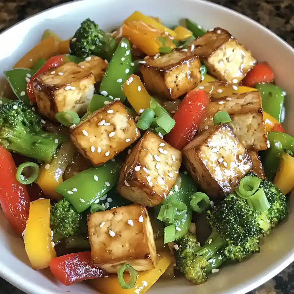 Crispy tofu stir-fry with colorful bell peppers, broccoli, and sesame seeds in a savory sauce, served in a white bowl. Perfect for vegan, vegetarian, quick, healthy, and Asian-inspired dinner recipes.