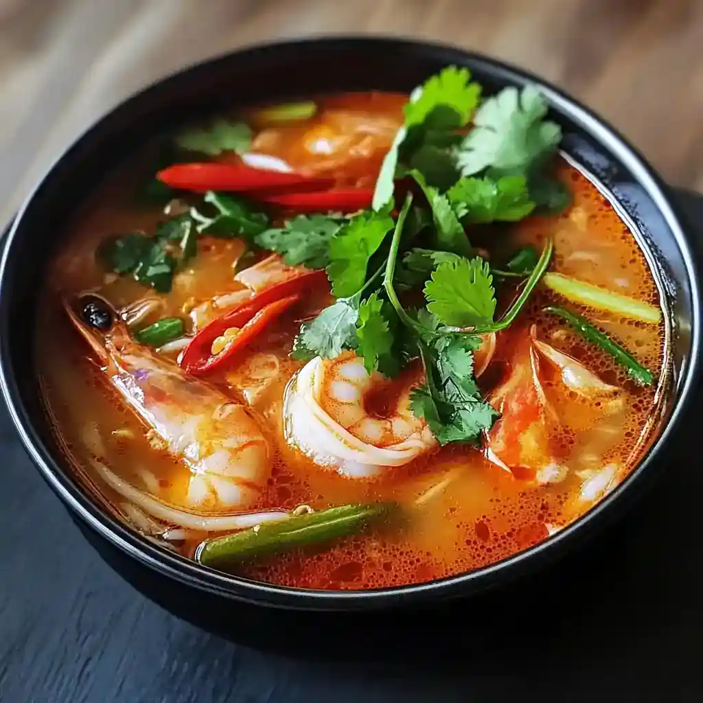 Spicy Thai shrimp soup with fresh herbs, chili peppers, and vegetables in a black bowl, highlighting flavorful seafood and aromatic ingredients.
