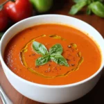 Creamy tomato soup garnished with fresh basil leaves, olive oil drizzle, and black pepper, perfect for a comforting meal.