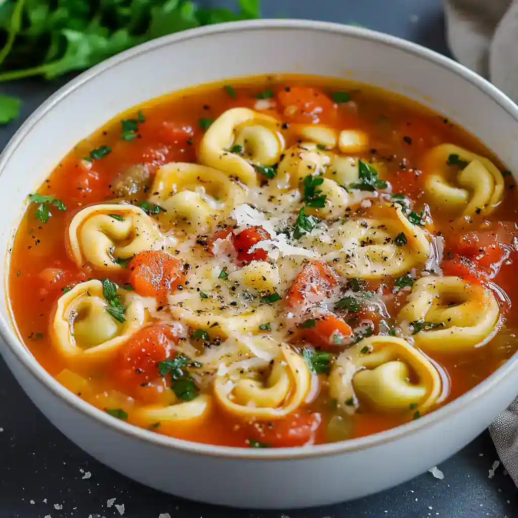Creamy tortellini soup with fresh herbs, tomatoes, and melted cheese, perfect for cozy meals and easy to make at home. Ideal comfort food recipe for chilly days.