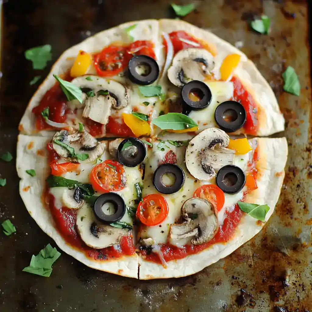 Fresh veggie pizza with mushrooms, black olives, cherry tomatoes, bell peppers, and basil on a crispy crust. Perfect for a quick homemade meal or party snack. Enjoy this flavorful vegetarian pizza recipe from Station Recipes.