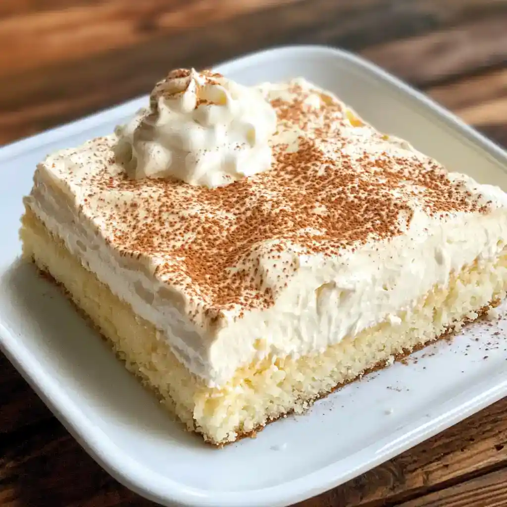 Light and fluffy homemade lemon dessert square with whipped cream and cocoa powder topping, perfect for baking enthusiasts and dessert lovers.