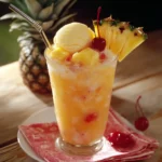 Refreshing pineapple fruit cocktail with ice cream, cherry, and fresh pineapple slice, served in a tall glass for tropical dessert lovers.