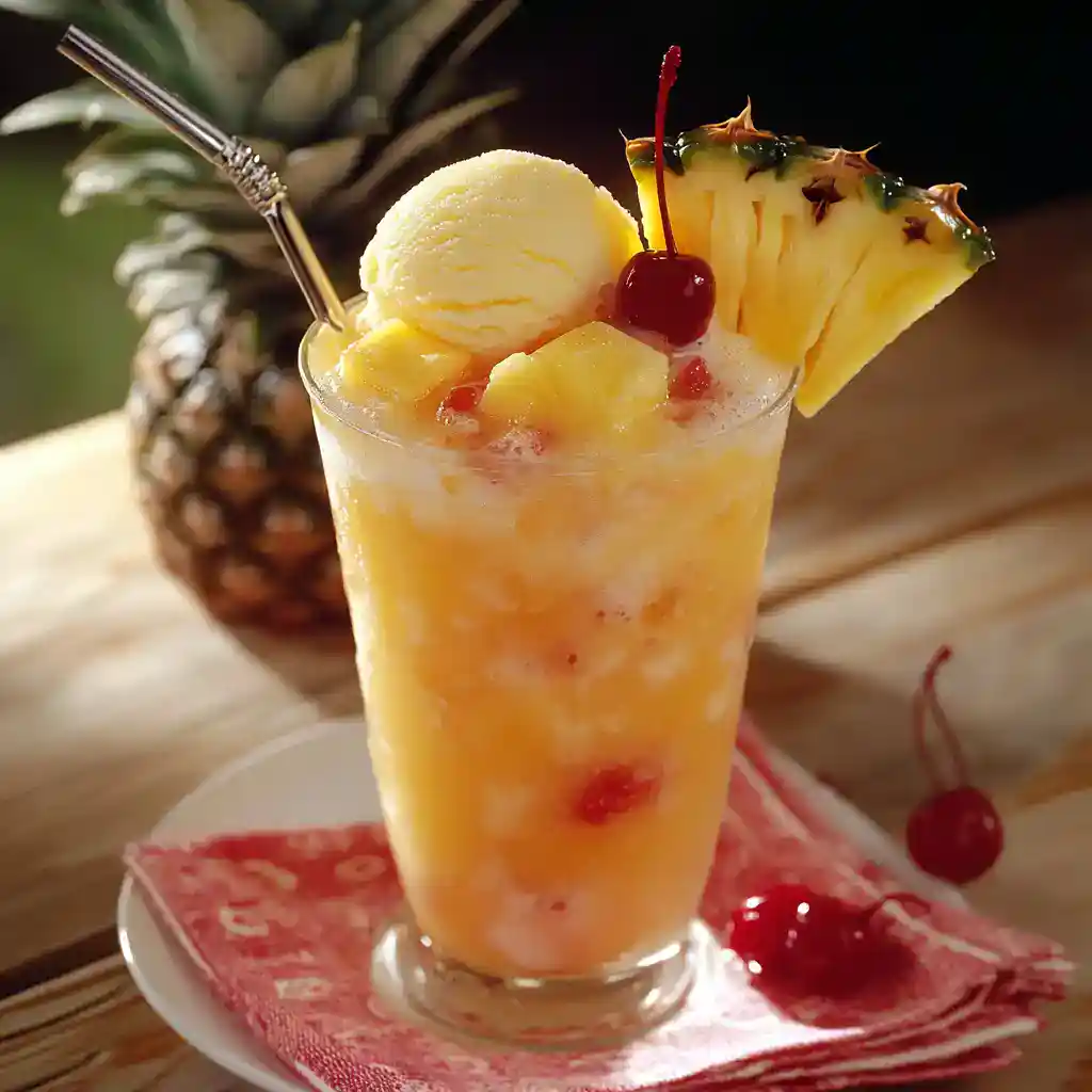 Refreshing pineapple fruit cocktail with ice cream, cherry, and fresh pineapple slice, served in a tall glass for tropical dessert lovers.