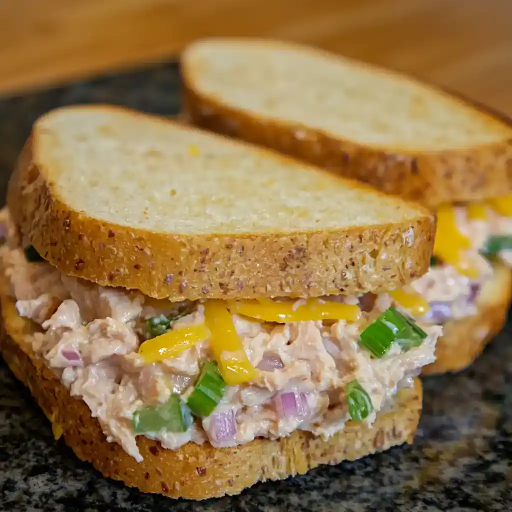 Creamy tuna salad sandwich on whole wheat bread, topped with shredded cheese and chopped green onions, served on a black slate platter, ideal for lunch or quick meals.