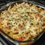 Creamy baked pasta casserole with melted cheese, seasoned chicken, and fresh herbs, perfect for easy weeknight dinners or family gatherings. Comfort food at its best.