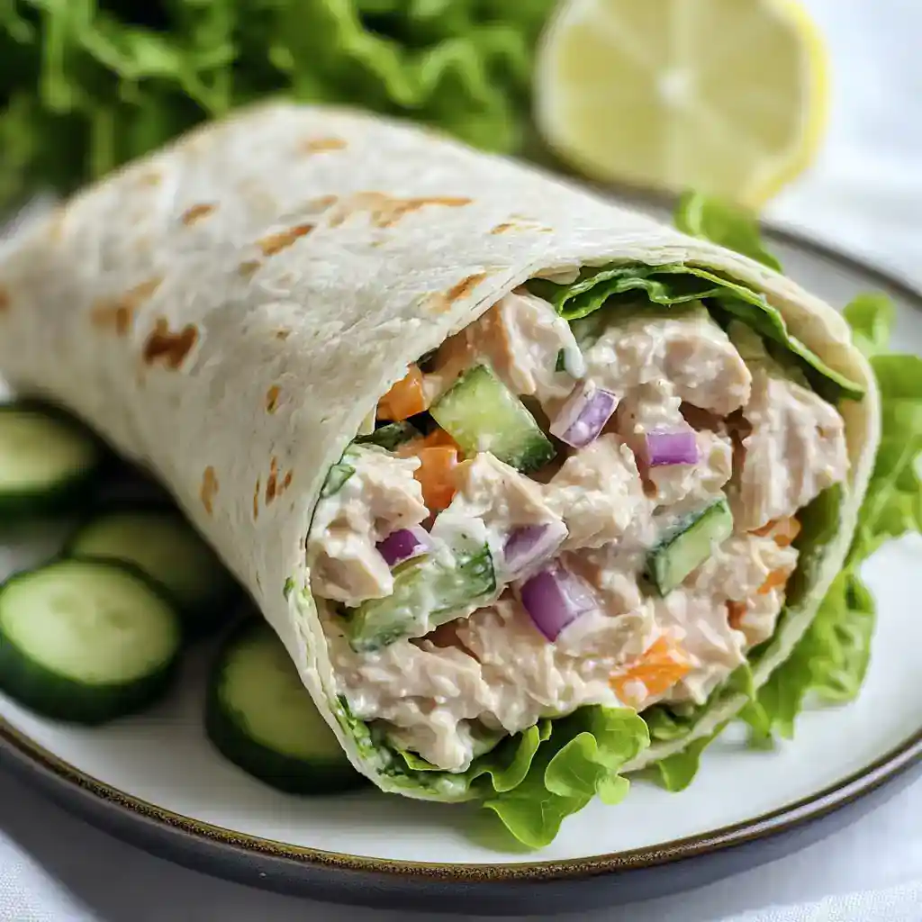 Creamy chicken salad wrap with fresh vegetables on a plate, garnished with cucumber slices and lemon. Perfect for quick and healthy lunch recipes at home or on the go.